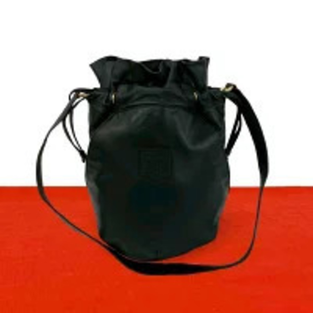 Celine Triomphe Leather Drawstring Semi Hobo Bag Tote Black